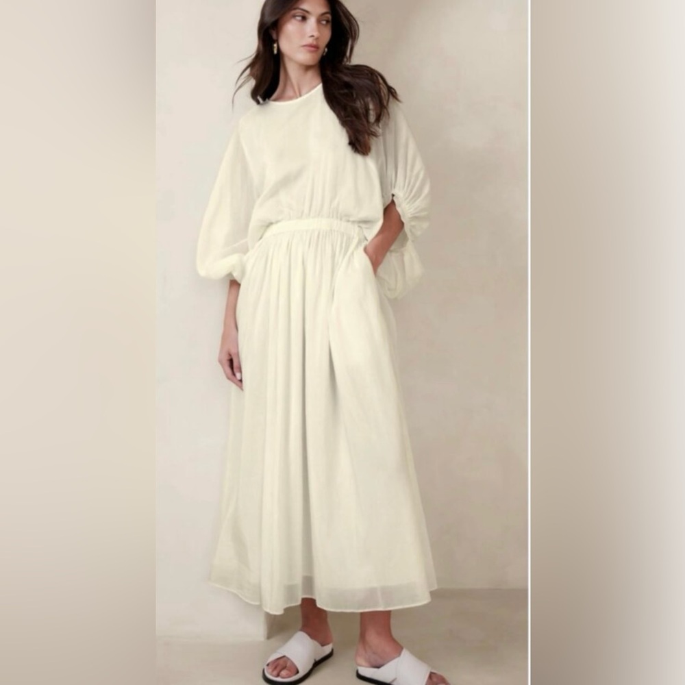 Banana Republic White Long Sleeve Maxi Dress | ELIANA COTTON SILK DRESS - Picture 4 of 4